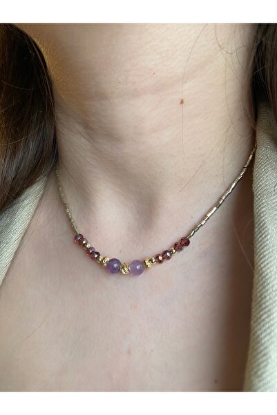 Anetta Jewelry Kadın tasarım florit mor boncuklu doğal taş kolye