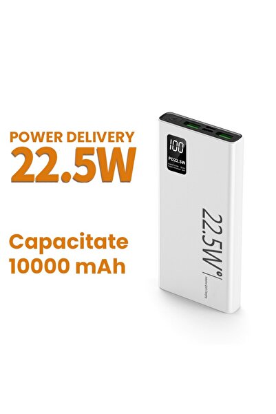 dalip Ultra-Thin Powerbank 10000 mAh, Digital Display, Type-C + 2x USB, 22.5W, White