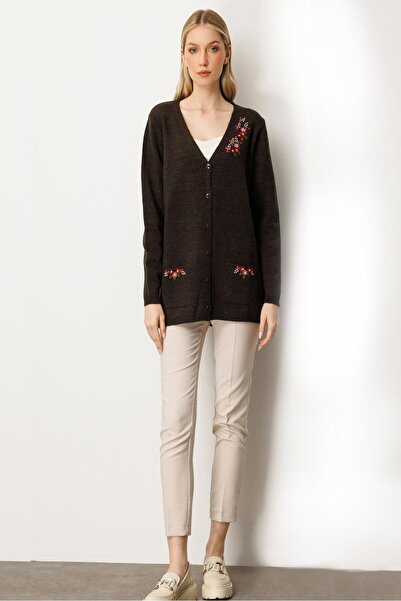 Mutlu Ertan Women's Embroidery Detailed Knitwear Cardigan Brown 20221