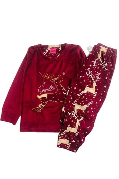 Tarık Women's 100% Cotton French Velvet Deer Embroidered Crew Neck Long Sleeve Pajama Set