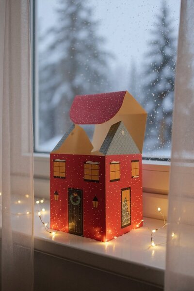 roco paper Yılbaşı Ev Tasarımlı Kutu Çanta, Yeniyıl, Parti, Hediye Çantası, 12li, 8.5x8.5x14 Cm, Mavi Çatılı