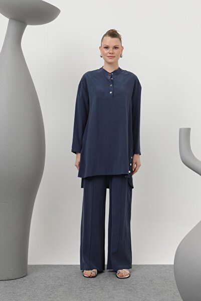 Puane Kadın Hakim Yaka Patı Çıtçıt Detaylı Pantolonlu Takım - 14309TKS - NAVY