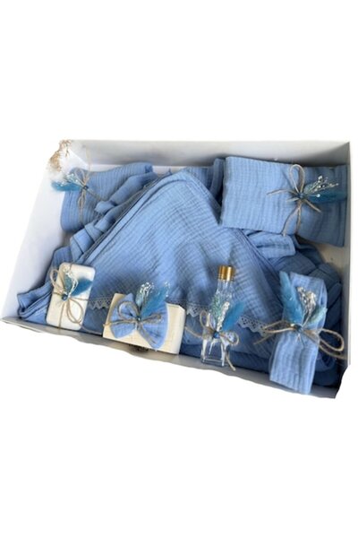 OEM Set complet de botez din muselină, 8 piese, albastru