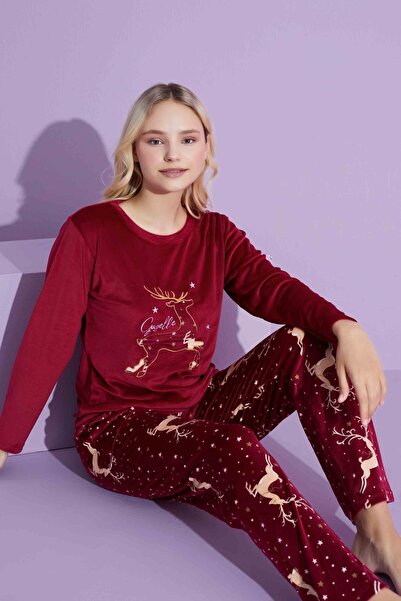 Tarık Women's 100% Cotton French Velvet Deer Embroidered Crew Neck Long Sleeve Pajama Set