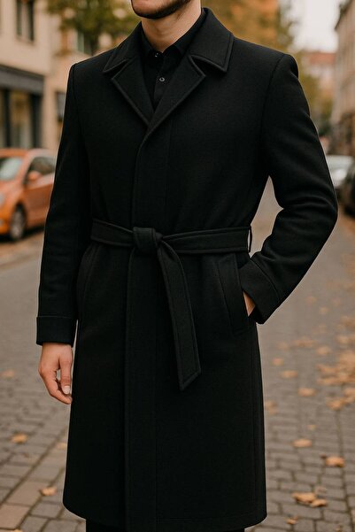 ECALAMODE Men's Black Cashmere Coat Long Belted Woolen Overcoat |   Regular Fit Classic Winter Coat