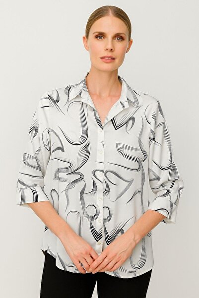 Mutlu Ertan Γυναικείο πουκάμισο με σατέν σχέδιο κρέμα 30395