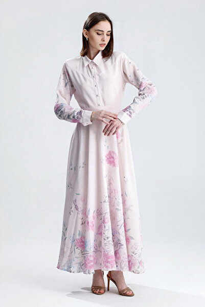 miere Kadın Belden Bağlamalı Çiçekli Kloş Keten Elbise