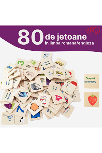 RCO Joc Montessori in limba romana/engleza, de clasificare, sortare si asociere, 88 piese, din lemn