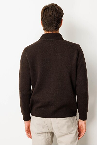 Desen Triko Men's Judge Collar Felt Knitwear Wool Coat with Chest and Pocket Details, Dark Brown