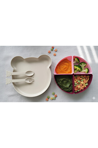 ELYA BABY Little Teddy Bear Nutrition Set |   Divided Food Plate & Cutlery Set Pink-Cream