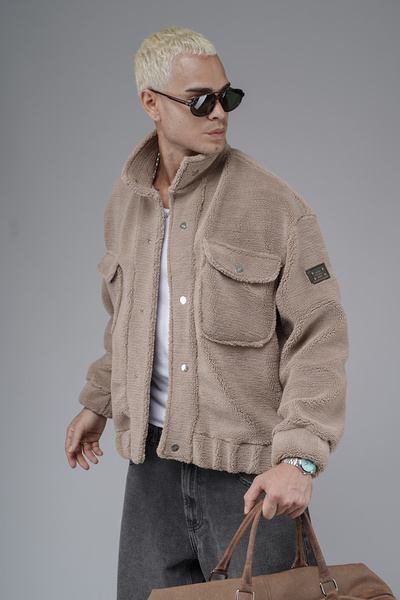 Butik Trend Biz Oversized Pattern Plush Jacket with Snap Fasteners