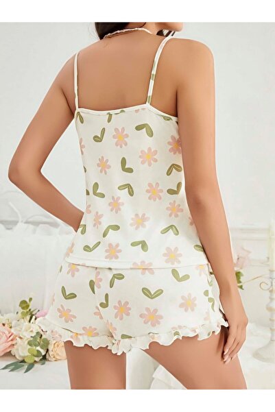 R RUSELİN Nrzsnt Women's Ecru Floral Printed Shorts Nightwear Pajamas (133959) Set 5047