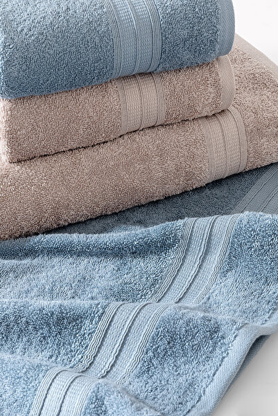 Yataş Angelina 4'lü Banyo Havlu Seti (50x90 cm/70x140 cm) - Mavi / Vizon