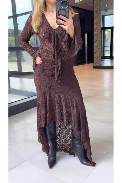 FEMİAS Brown Asymmetric Lace Skirt
