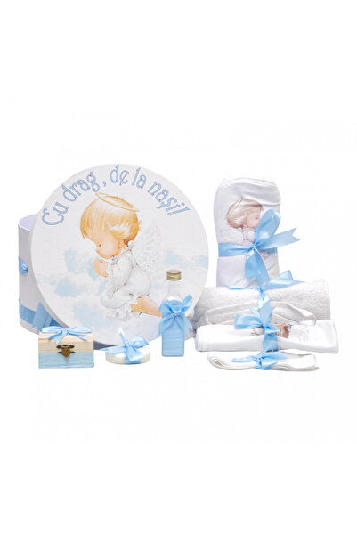 OEM Set botez personalizat 8 bucăți în cutie rotundă - Îngeraș, Albastru - SPB-78