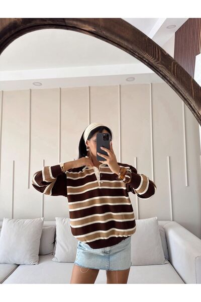 MODA Pulover supradimensionat cu guler polo cu dungi