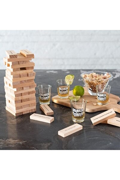 Flippy Jenga Flippy Drinking Game, Wooden Drunkard's Tower, Challenges, Glass Shot Glasses, 19x7x20Cm,+18Years