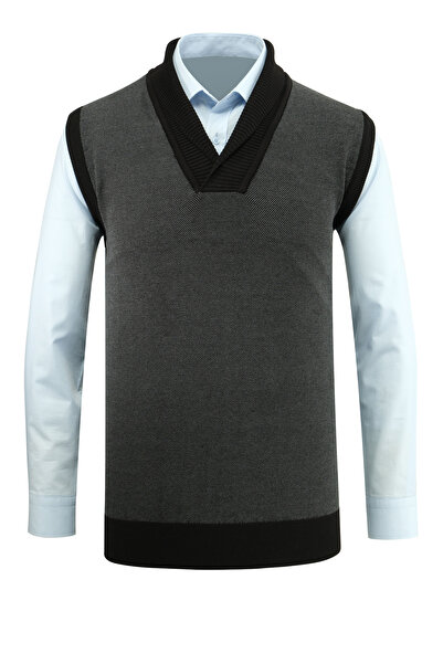 Çizgi Triko Мъжки пуловер с шалов яка и точкова шарка, класическа кройка - 5250H