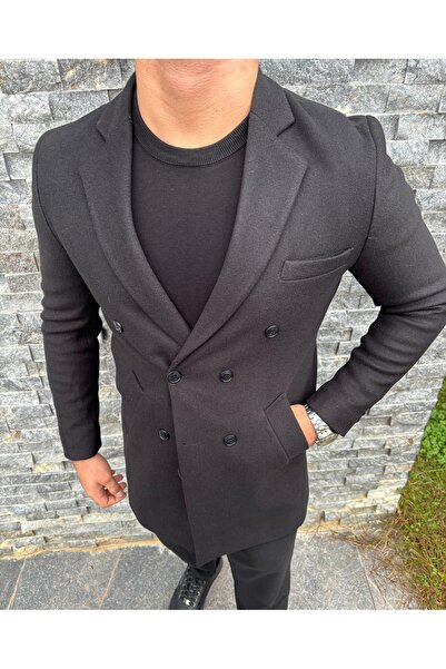 SABRİ ZENGİN Men's Black Slim Fit Double Breasted Coat