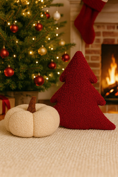 SAYMİNE Teddy Decorative Pumpkin and Cloth Pillow and Inner-Filled Cushion (Cream and Red) -