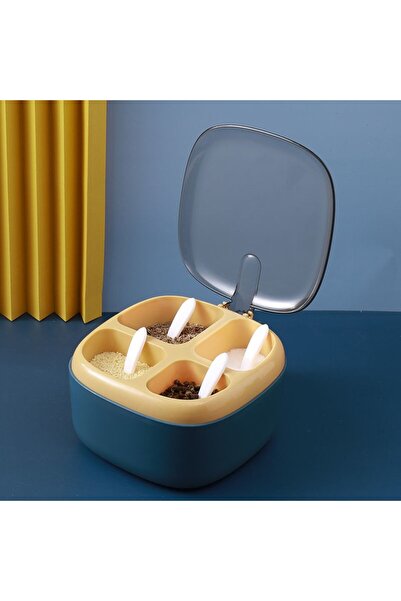 easybox Flippy spice container, 4 compartments, with 4 plastic spoons, lid & handle, 14x14x8 cm, blue