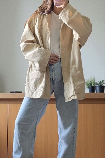 Alimodaa Arrange Yakası Kadife Detaylı Oversize Mevsimlik Kot Ceket