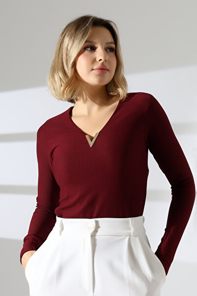 lubiti بلوزة بادي بأكمام طويلة وياقة على شكل حرف V مع إكسسوارات