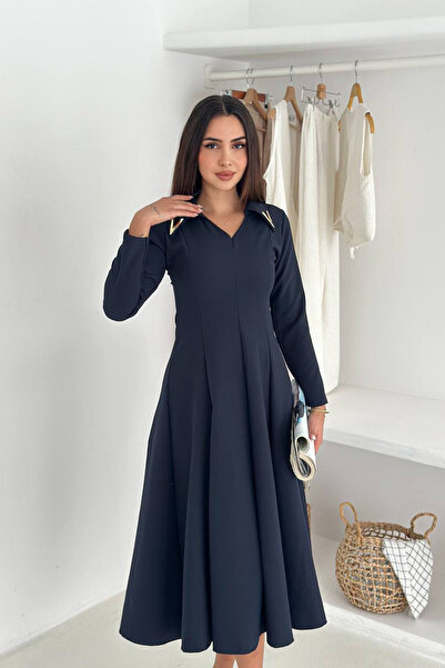 Neşeli Butik Жіноча золота комір деталізована міді довжина довгі рукави сукня NBK4360