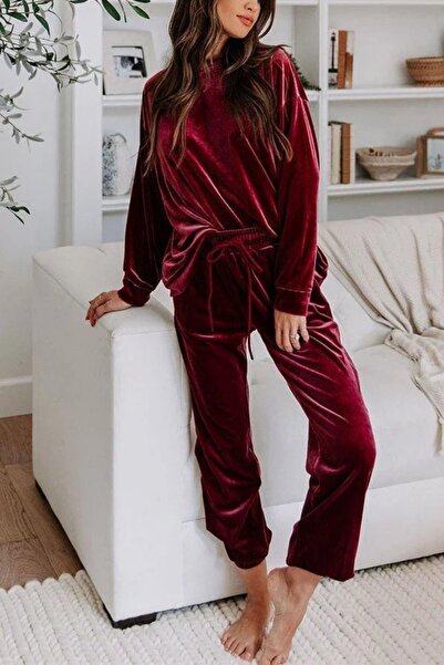 Mossta Round Neck Velvet Blouse Pants Two Piece Set - Burgundy