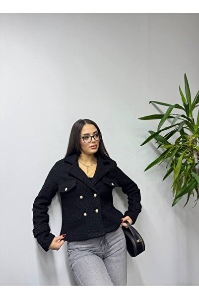 SHEZAN MODA سترة قصيرة نسائية سوداء بأزرار بأزرار على الجهتين وياقة من قماش ب...