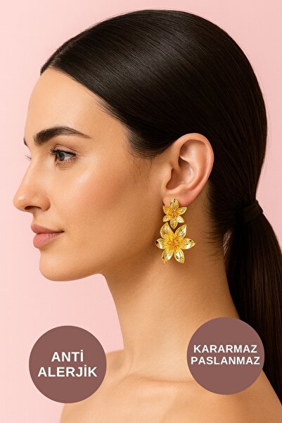 ALEXANDER HUD Antialerjik Suya Dayanıklı Kararmaz Kadın Gece ve Günlük Gold Leylak Büyük Çiçek Taşlı Çelik Küpe