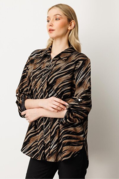 Mutlu Ertan Women's Patterned Zippered Shirt Black - Brown 30424