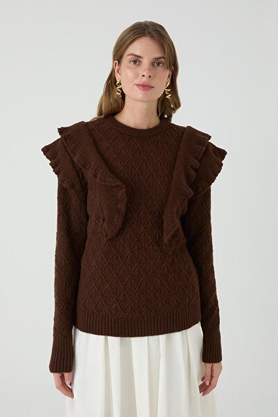 inspiration سترة مانوليا حياكة دانتيل V ذات كشكشة باللون البني