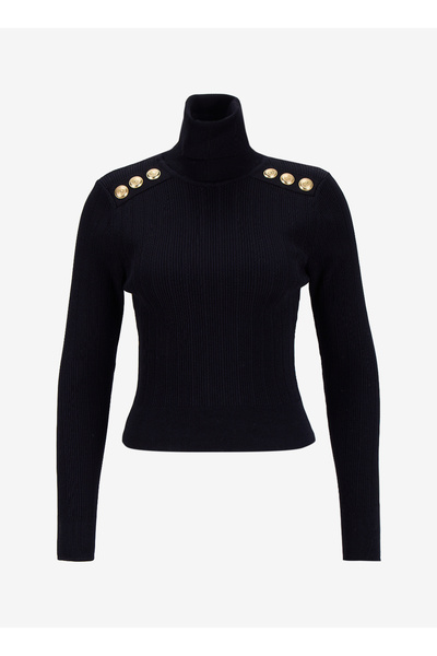 Fabrika Tam Balıkçı Yaka Dar Fitilli Siyah Kazak Kadın F5WL-KZK0018