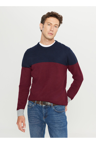 ALTINYILDIZ CLASSICS Crew Neck Standard Navy Blue - Burgundy Men's Sweater Ace049261480_Brl
