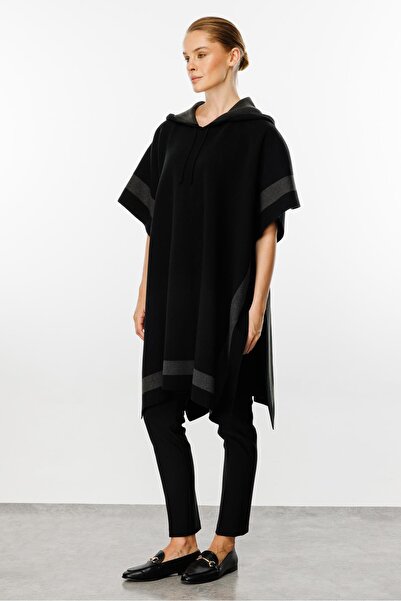 Mutlu Ertan Women's Hooded Knitwear Striped Poncho Shawl Black-Smoke 20092
