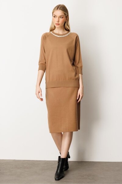 Mutlu Ertan Women's Collar Stone Detailed Three Quarter Sleeve Knitwear Blous...