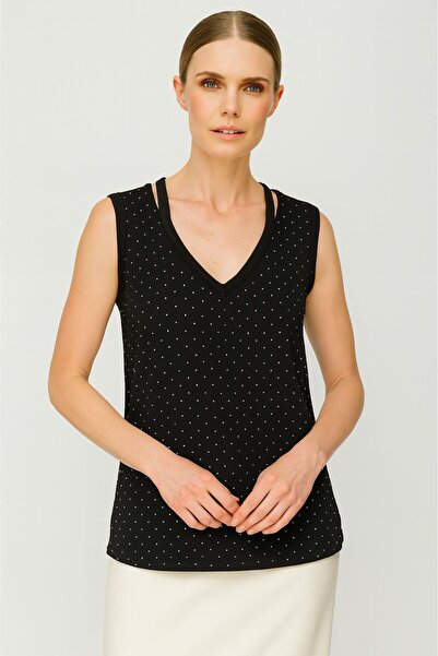 Mutlu Ertan Kadın V Yaka Taşlı Atlet Siyah 30298