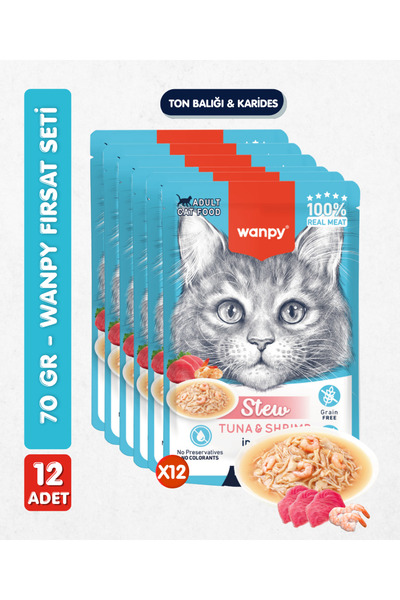 Wanpy 12li Yetişkin Kedi Yaş Maması Ton Balığı & Karides Premium Kalite 12 x ...