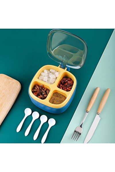 easybox Flippy spice container, 4 compartments, with 4 plastic spoons, lid & handle, 14x14x8 cm, blue