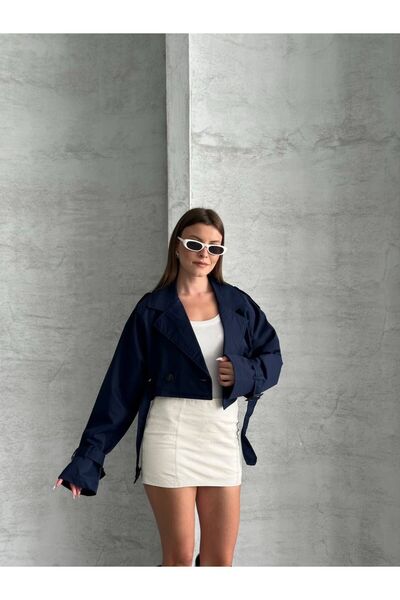MODA Zr Crop Kemerli Lacivert Trençkot
