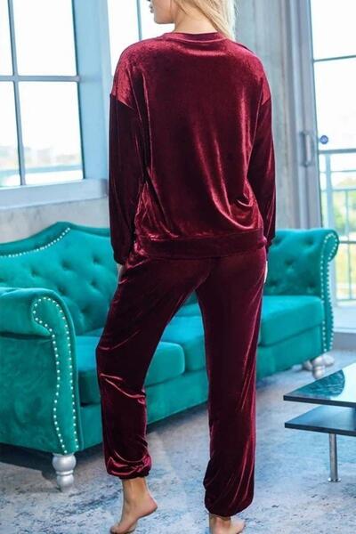 Mossta Round Neck Velvet Blouse Pants Two Piece Set - Burgundy