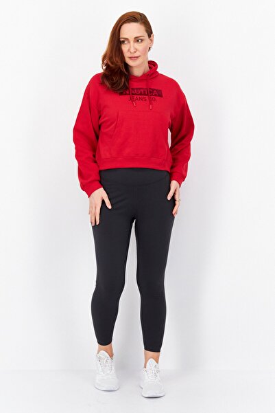 Nautica Women Hood With Drawstring Long Sleeve Brand Logo Sweatshirt, Red