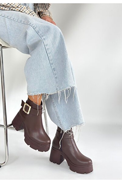 yesıl sarmasık 35 Pinma Brown Leather Heeled Boots