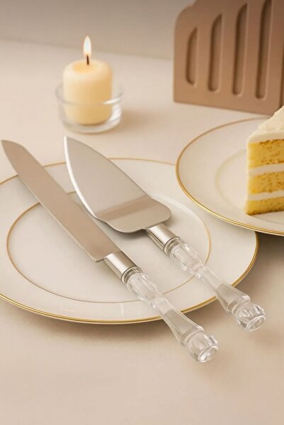 MİMOZA PARK طقم تقديم الكيك مكون من قطعتين مع مقابض من الكريستال والميكا، طقم تقديم يتضمن سباتولا وسكين