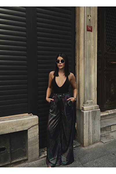 Bak'ap Pantaloni largi din satin cu model abstract premium pantaloni palazzo