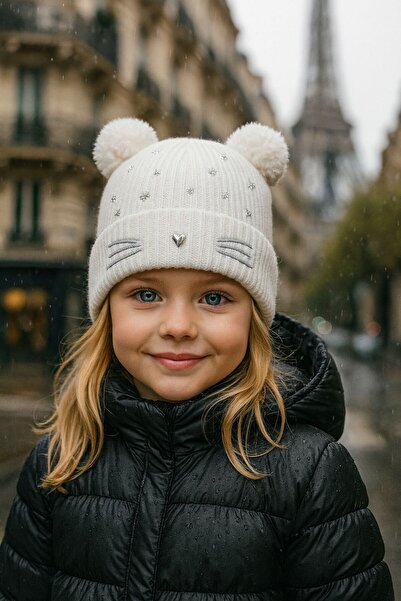 BALIENTE Ecru Cat Figure Embroidered Pompom Girl's Beret 3-7 Years Old