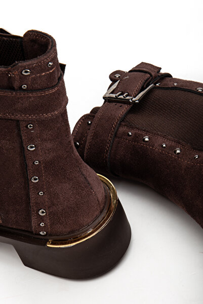 RİSSOLİ Γυναικείες μπότες με φερμουάρ με λεπτομέρεια με πόρπη και καρφίτσες από καφέ σουέντ