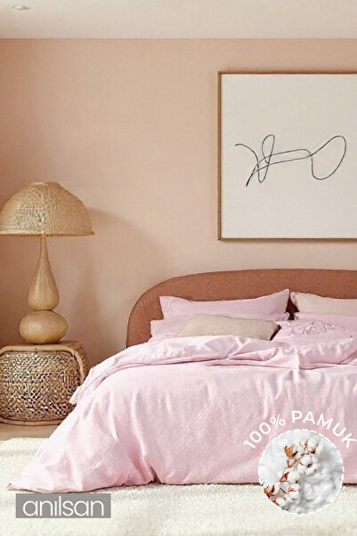 Anılsan Plain Powder Single Elastic Sheet Buttoned Ranforce Duvet Cover Set 100% Cotton 1 Pillowcase