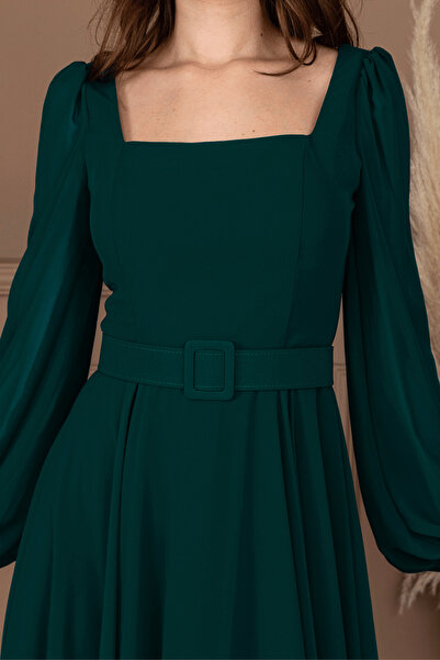 BEYBOS Şifon Krep Kumaş Kare Yaka Midi Elbise - HAKİ YEŞİLİ